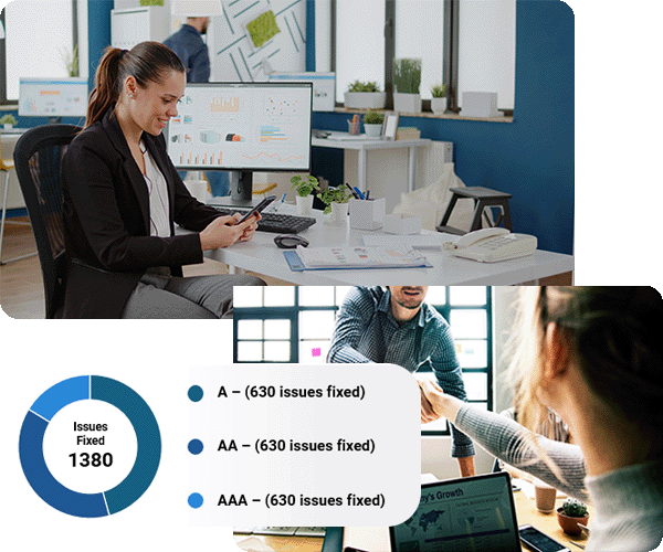 demoing a chart that shows 1380 issues fixed broken down by A (630 fixed), AA (630 fixed), and AAA (630 fixed)