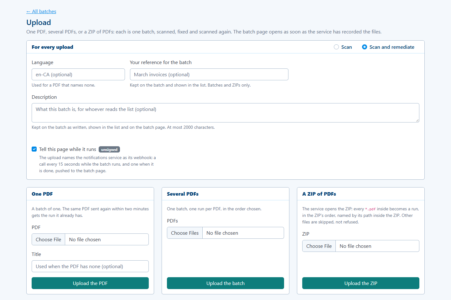 Upload interface for a PDF, batch or ZIP file